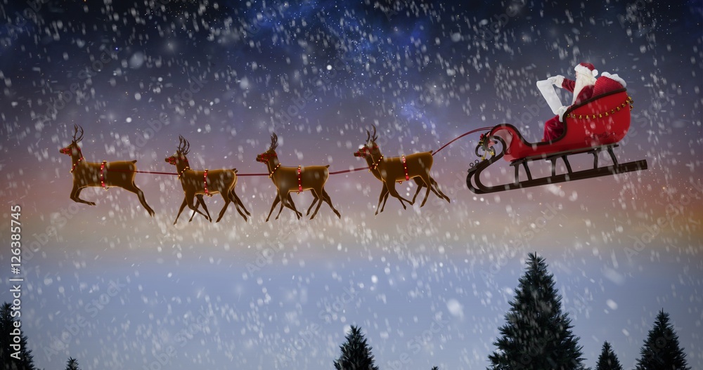 Wall mural composite image of side view of santa claus riding on sleigh dur