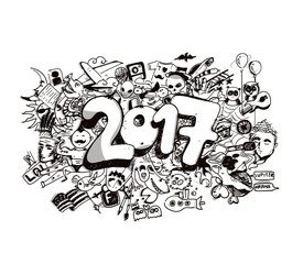 Happy new year 2017 Doodle design elements for holiday cards, for decorations Vector Illustration background