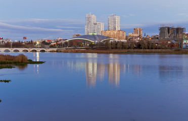 A view of the river and buildings in the city centre of Chelyabinsk.Russia.