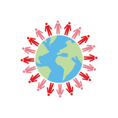 Vector image of globe with people on top and an arrow circling
