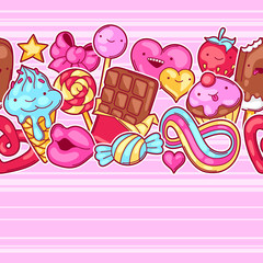 Seamless kawaii pattern with sweets and candies. Crazy sweet-stuff in cartoon style