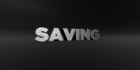 SAVING - hammered metal finish text on black studio - 3D rendered royalty free stock photo. This image can be used for an online website banner ad or a print postcard.