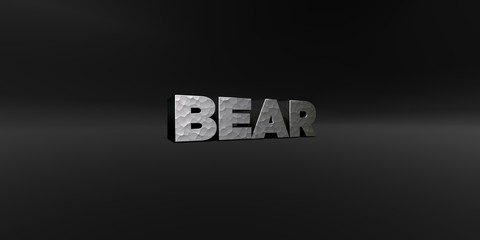 BEAR - hammered metal finish text on black studio - 3D rendered royalty free stock photo. This image can be used for an online website banner ad or a print postcard.