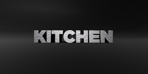 KITCHEN - hammered metal finish text on black studio - 3D rendered royalty free stock photo. This image can be used for an online website banner ad or a print postcard.