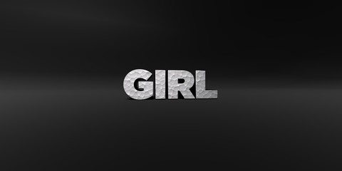 GIRL - hammered metal finish text on black studio - 3D rendered royalty free stock photo. This image can be used for an online website banner ad or a print postcard.