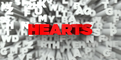 HEARTS -  Red text on typography background - 3D rendered royalty free stock image. This image can be used for an online website banner ad or a print postcard.