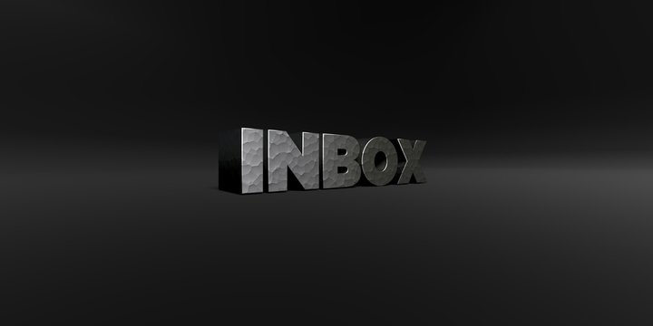 INBOX - hammered metal finish text on black studio - 3D rendered royalty free stock photo. This image can be used for an online website banner ad or a print postcard.