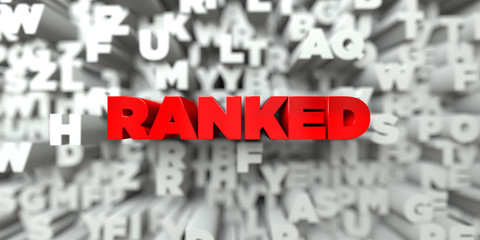 RANKED -  Red text on typography background - 3D rendered royalty free stock image. This image can be used for an online website banner ad or a print postcard.