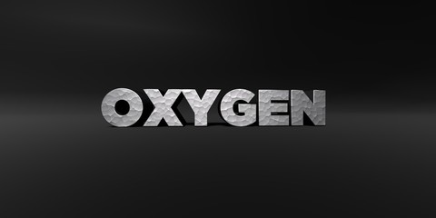 OXYGEN - hammered metal finish text on black studio - 3D rendered royalty free stock photo. This image can be used for an online website banner ad or a print postcard.