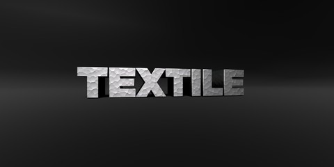 TEXTILE - hammered metal finish text on black studio - 3D rendered royalty free stock photo. This image can be used for an online website banner ad or a print postcard.