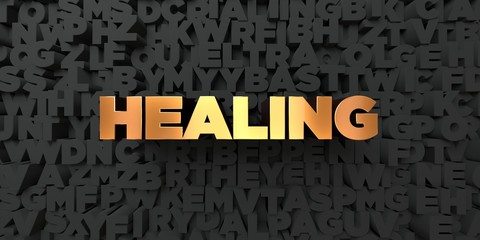 Healing - Gold text on black background - 3D rendered royalty free stock picture. This image can be used for an online website banner ad or a print postcard.