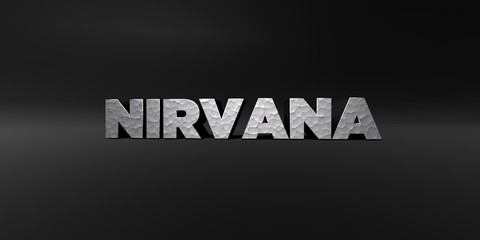 NIRVANA - hammered metal finish text on black studio - 3D rendered royalty free stock photo. This image can be used for an online website banner ad or a print postcard.