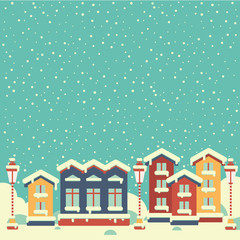 Christmas background with houses in flat style. Layout for greeting card. Winter town. Happy New Year and Merry Christmas