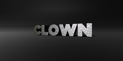 CLOWN - hammered metal finish text on black studio - 3D rendered royalty free stock photo. This image can be used for an online website banner ad or a print postcard.