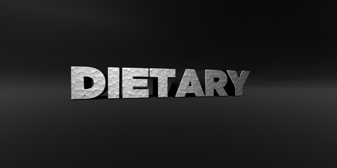 DIETARY - hammered metal finish text on black studio - 3D rendered royalty free stock photo. This image can be used for an online website banner ad or a print postcard.