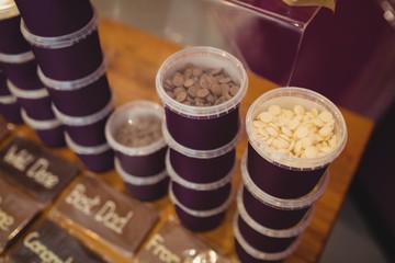 Stacked chocolate containers in display