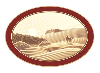 Rural landscape in the frame, a graphic design element for the create of the label.