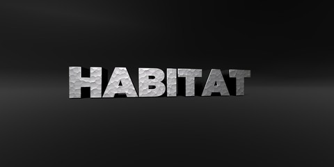 HABITAT - hammered metal finish text on black studio - 3D rendered royalty free stock photo. This image can be used for an online website banner ad or a print postcard.