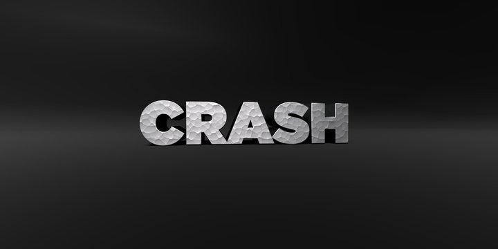 CRASH - hammered metal finish text on black studio - 3D rendered royalty free stock photo. This image can be used for an online website banner ad or a print postcard.