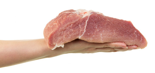 Piece raw pork in female hand isolated on white background.