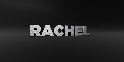 RACHEL - hammered metal finish text on black studio - 3D rendered royalty free stock photo. This image can be used for an online website banner ad or a print postcard.