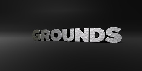 GROUNDS - hammered metal finish text on black studio - 3D rendered royalty free stock photo. This image can be used for an online website banner ad or a print postcard.