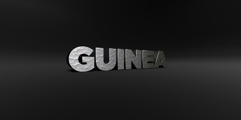 GUINEA - hammered metal finish text on black studio - 3D rendered royalty free stock photo. This image can be used for an online website banner ad or a print postcard.