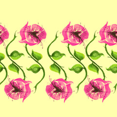 Watercolor seamless pattern with floral pattern. It consists of drawings of plants, buds, stems and leaves. Mostly pink, purple, green