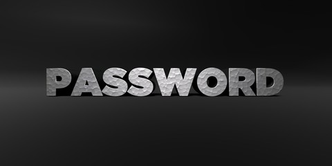PASSWORD - hammered metal finish text on black studio - 3D rendered royalty free stock photo. This image can be used for an online website banner ad or a print postcard.