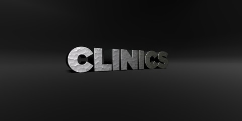 CLINICS - hammered metal finish text on black studio - 3D rendered royalty free stock photo. This image can be used for an online website banner ad or a print postcard.