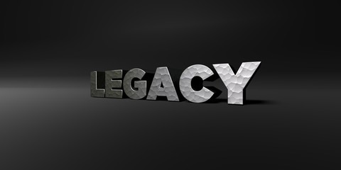 LEGACY - hammered metal finish text on black studio - 3D rendered royalty free stock photo. This image can be used for an online website banner ad or a print postcard.