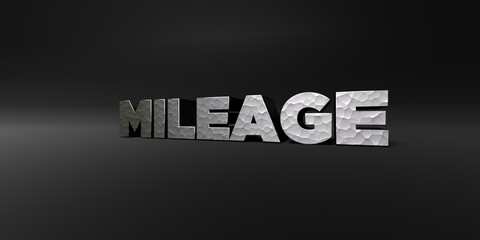 MILEAGE - hammered metal finish text on black studio - 3D rendered royalty free stock photo. This image can be used for an online website banner ad or a print postcard.