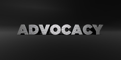 ADVOCACY - hammered metal finish text on black studio - 3D rendered royalty free stock photo. This image can be used for an online website banner ad or a print postcard.