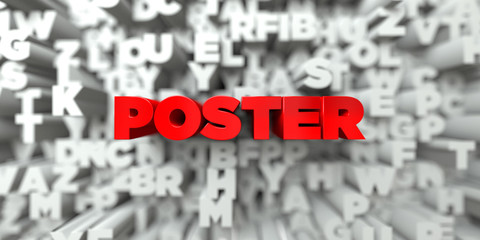 POSTER -  Red text on typography background - 3D rendered royalty free stock image. This image can be used for an online website banner ad or a print postcard.