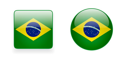 Glossy Brazilian flag vector icons. Round and square shiny icons with national flag of Brazil.