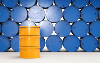 yellow barrel with blue barrels background
