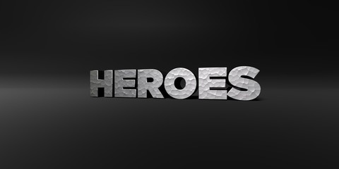 HEROES - hammered metal finish text on black studio - 3D rendered royalty free stock photo. This image can be used for an online website banner ad or a print postcard.