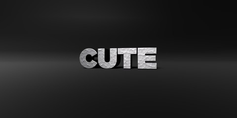 CUTE - hammered metal finish text on black studio - 3D rendered royalty free stock photo. This image can be used for an online website banner ad or a print postcard.