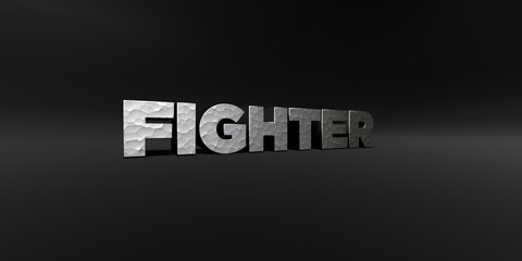 FIGHTER - hammered metal finish text on black studio - 3D rendered royalty free stock photo. This image can be used for an online website banner ad or a print postcard.