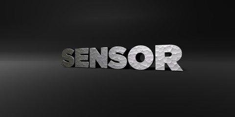 SENSOR - hammered metal finish text on black studio - 3D rendered royalty free stock photo. This image can be used for an online website banner ad or a print postcard.