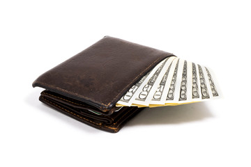 Old leather brown wallet with one  and fifty hundred dollars banknotes isolated on white background