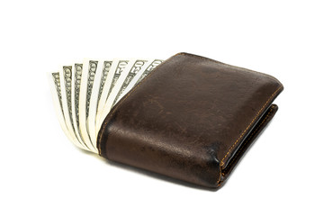 Old leather brown wallet with one  and fifty hundred dollars banknotes isolated on white background