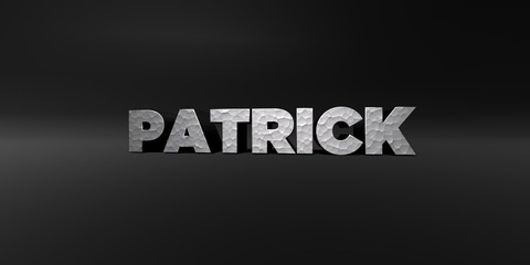 PATRICK - hammered metal finish text on black studio - 3D rendered royalty free stock photo. This image can be used for an online website banner ad or a print postcard.