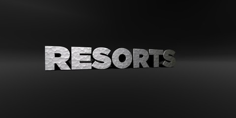RESORTS - hammered metal finish text on black studio - 3D rendered royalty free stock photo. This image can be used for an online website banner ad or a print postcard.