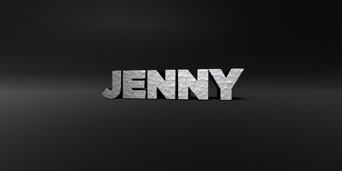 JENNY - hammered metal finish text on black studio - 3D rendered royalty free stock photo. This image can be used for an online website banner ad or a print postcard.
