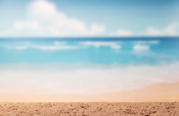 Fototapeta na wymiar Beautiful seascape, sand, beach on background of blue sky.
