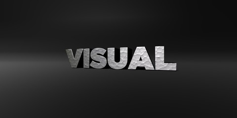 VISUAL - hammered metal finish text on black studio - 3D rendered royalty free stock photo. This image can be used for an online website banner ad or a print postcard.
