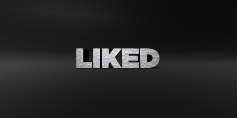 LIKED - hammered metal finish text on black studio - 3D rendered royalty free stock photo. This image can be used for an online website banner ad or a print postcard.