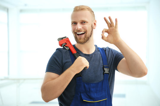 Portrait of handsome plumber with pipe wrench on light background