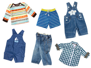 Baby boy clothes collage. Male kid's wear set.